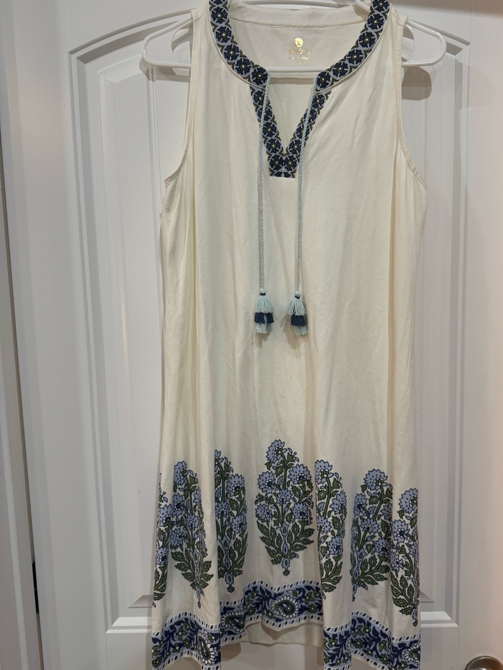 Spartina 449 Cream Tank Top with Blue & Green Embroidered Straps